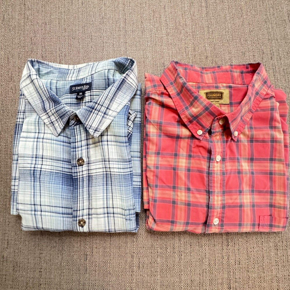 Lot of 2 Mens Plaid Button Down Shirts St Johns Bay The Foundry 3XL Blue Red